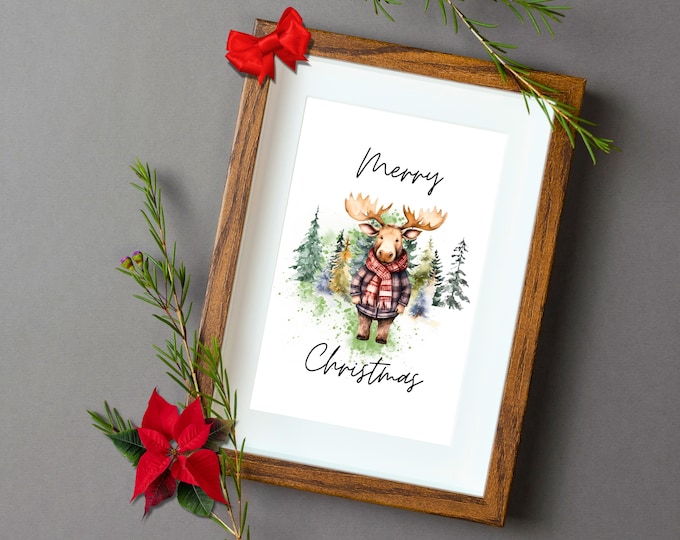 Watercolor Christmas Moose Art, Moose Christmas Wall Decor, Cute Moose in Plaid Wall Print, Moose in Woods Christmas Wall Decor, Holiday Art