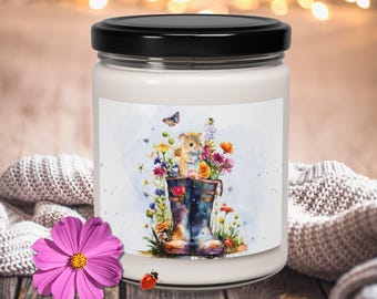 Mouse in a Floral Rain Boot Scented Candle, Rainy Day Botanical Boots and Mouse Soy Candle, Lover of Rainy Days Decor, Cute Mouse in Flowers