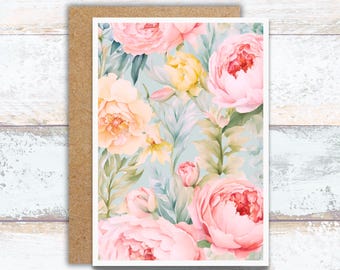Elegant Rococo Revival Floral Greeting Card, Pastel Peonies, Tulips and Spring Botanical Writing Cards, Vintage Floral Watercolor Card