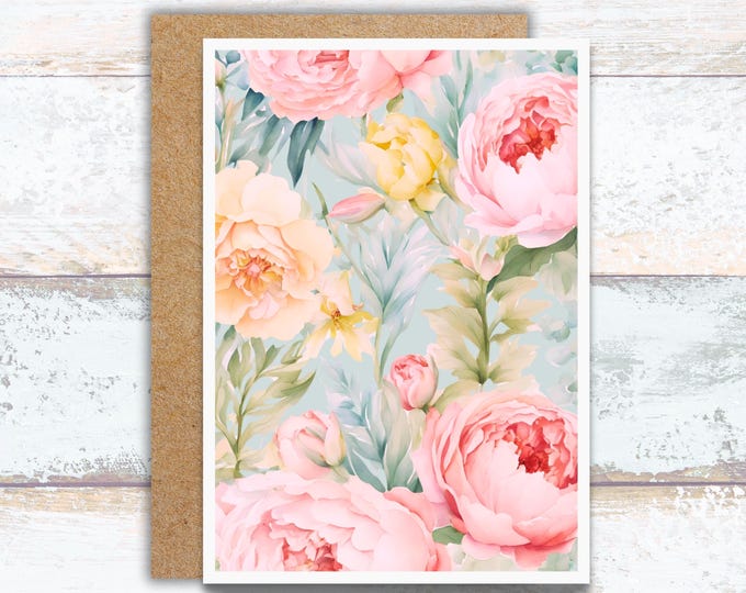 Elegant Rococo Revival Floral Greeting Card, Pastel Peonies, Tulips and Spring Botanical Writing Cards, Vintage Floral Watercolor Card