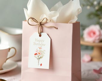 Pressed Flower Gift Tags Set of 9, Happy Birthday, Thank You & Blank Tags, Botanical Printable Tags for Gifts, Floral Garden Party Favor Tag