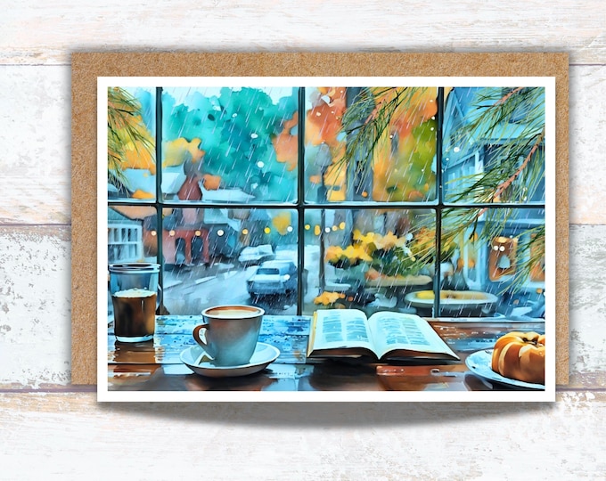 Rainy Day at a Neighborhood Coffee Shop Watercolor Greeting Card, Cozy Coffee Shop Writing Card, Lover of Rain and Coffee, Rainy Cafe Window