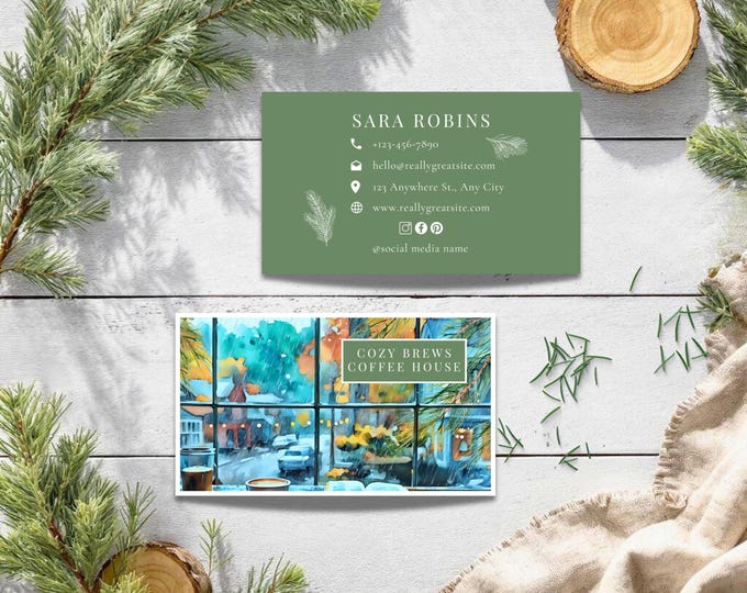 Custom Coffee Shop Business Cards, Watercolor Rainy Day Design for Small Business Owners, Cafés, Creatives, Lifestyle Brands, Coffee + Rain