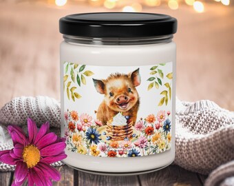 Pig Eating Blueberry Pancakes Scented Candle, Cute Kitchen Piggy and Pancakes Soy Candle, Farmhouse Sau in Flowers Candle Gift, Cute Decor