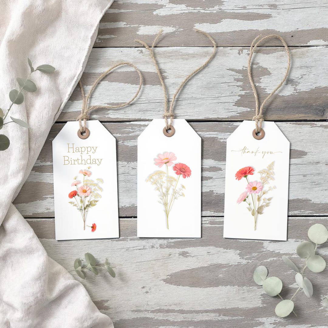 Pressed Flower Gift Tags Set of 9, Happy Birthday, Thank You & Blank ...
