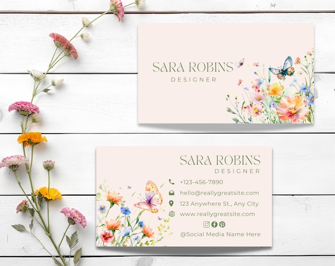 Custom Pink Watercolor Floral Business Cards: Double-Sided, Nature-Inspired