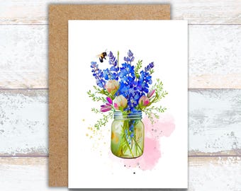Bluebonnet Bouquet in Rustic Vase Watercolor Greeting Card, Bluebonnet Flowers & Bee Stationery, Pretty Lupine Floral Bouquet Greeting Card