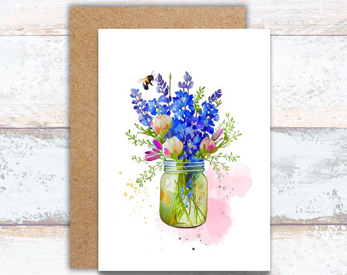 Bluebonnet Bouquet in Rustic Vase Watercolor Greeting Card, Bluebonnet Flowers & Bee Stationery, Pretty Lupine Floral Bouquet Greeting Card
