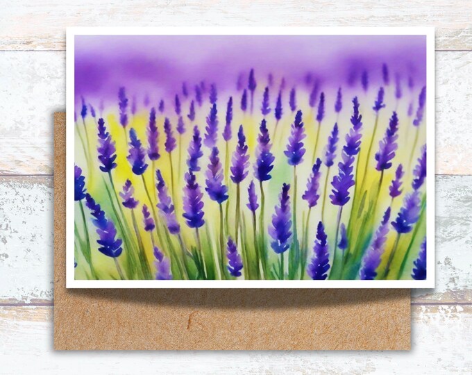 Lavender Greeting Card, Field of Lavender Flowers Writing Cards, Watercolor Lavender Flowers Stationery, Purple Lavender Note Cards, For Her