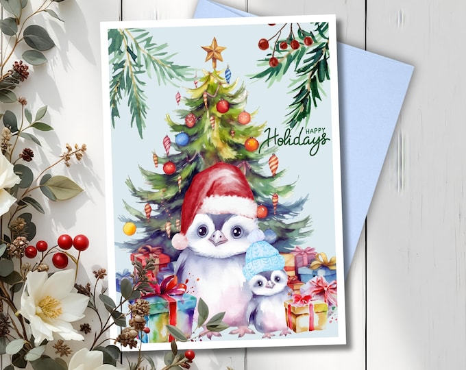 Watercolor Penguin Christmas Card: Happy Holidays Greeting