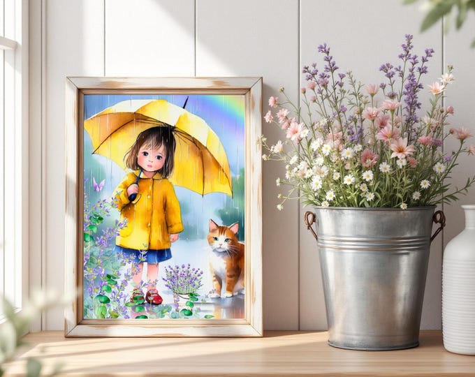 Rainy Day Girl Art Print: Watercolor Child with Flowers