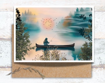 Tranquil Fishing Scene Card, Rustic Outdoor Waterclor Card for Nature Lovers, Peaceful Lake and Canoe Stationery, Serence Fisherman Sunrise