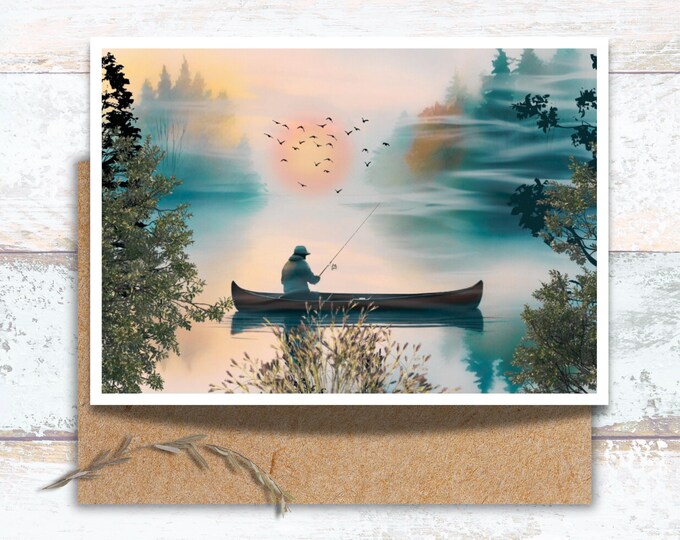 Tranquil Fishing Scene Card, Rustic Outdoor Waterclor Card for Nature Lovers, Peaceful Lake and Canoe Stationery, Serence Fisherman Sunrise