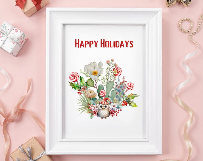 Happy Holidays Cactus Owl Print: Southwestern Christmas Wall Art