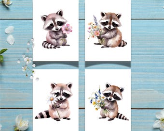 Whimiscal Raccoon Holding Bouquet of Wildflowers Stationery Set of 4 Cards and Envelopes, Lover of Woodland Raccoons Watercolor Writing Card