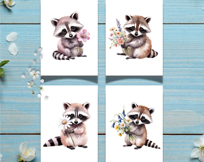 Whimiscal Raccoon Holding Bouquet of Wildflowers Stationery Set of 4 Cards and Envelopes, Lover of Woodland Raccoons Watercolor Writing Card