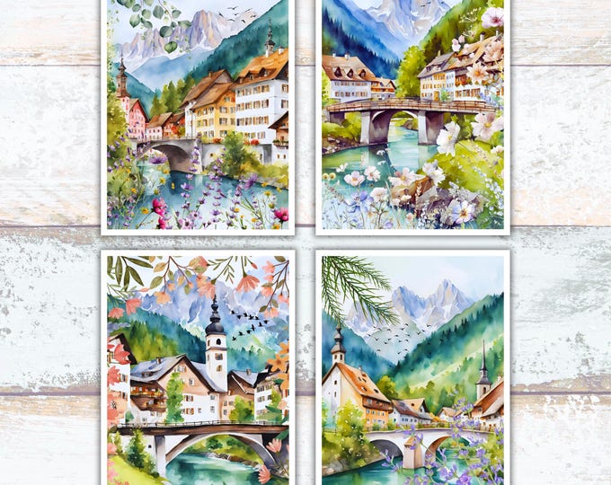 Spring in Bavaria Watercolor Set of 4 Cards, Bavarian Village Writing Cards, German Bavarian Town Stationery, Lover of Bavaria Writing Cards