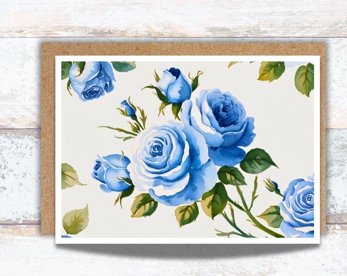 Blue Vintage Rose Bush Personalized Stationery, Blue Cottagecore Roses Customized for Her, Pretty Blue Vintage Rose Editable Birthday Cards
