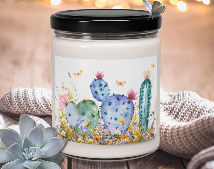 Cactus and Wildflowers Scented Candle, Watercolor Arizona Cactus Soy Candle, Southwest Candle Decor, Desert Lover Scented Soy Candle For Her