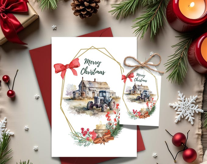 Rustic Tractor Christmas Card: Farmhouse Holiday Greeting with Optional Gift Tag