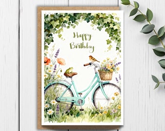 Whimsical Frog Birthday Card: Watercolor Floral Bike and Garden Animals