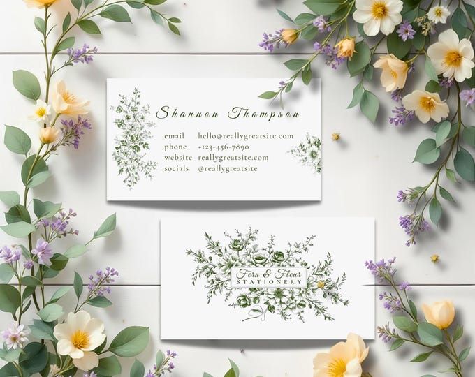 Vintage Green Floral Business Cards: Botanical Design, Custom Stationery