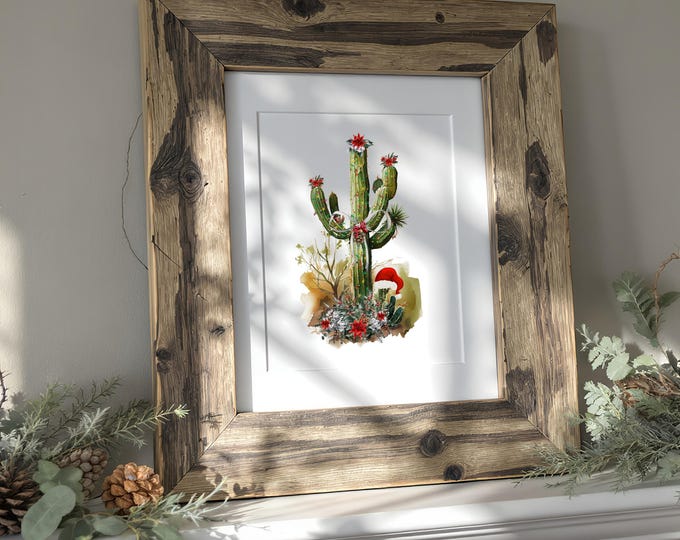 Christmas Saguaro Art Print: Southwest Holiday Cactus Wall Décor with Farmhouse Rustic Charm