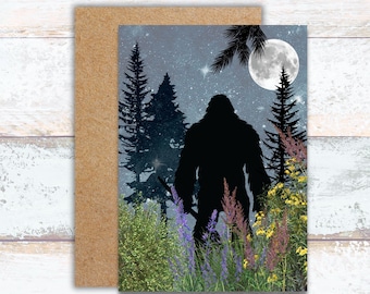Bigfoot Walking in Night Forest Watercolor Greeting Card, Bigfoot Silhouette Stationery, Lover of Sasquatch Writing Cards, Fan of Bigfoot