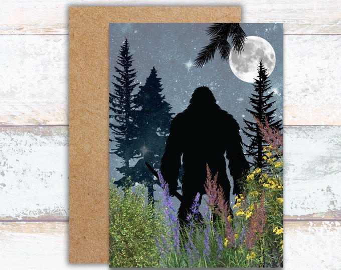 Bigfoot Walking in Night Forest Watercolor Greeting Card, Bigfoot Silhouette Stationery, Lover of Sasquatch Writing Cards, Fan of Bigfoot