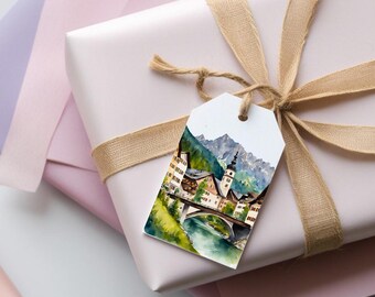 Bavarian Village Watercolor Gift Tags For Any Occasion, German Mountain Town 9 Tags for Gifts, Bavaria Lover Watercolor Tags and Twine