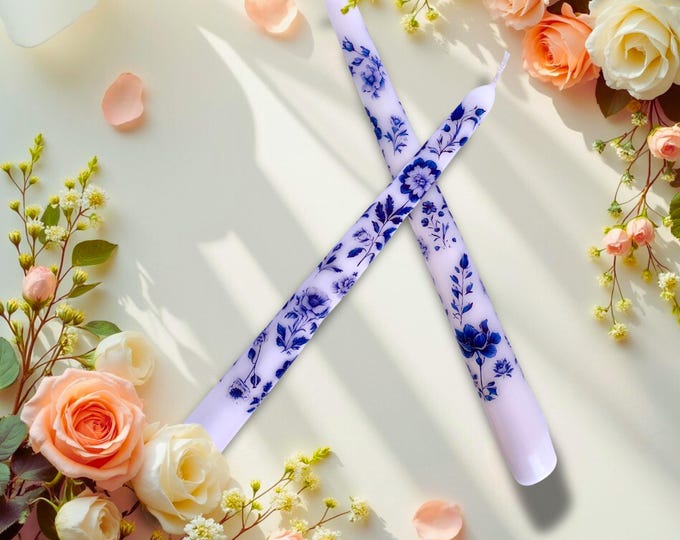 Featured listing image: Blue Floral Chinoiserie Taper Candles for Centerpieces, Vintage Decorative Candles with Elegant Gift Box Option, Shabby Chic Blue Home Décor
