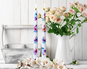 Watercolor Butterfly Taper Candles, Hand-Decorated White Candlesticks for Spring Table Decor, Garden Wedding Centerpiece, Cottagecore Gift