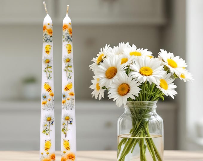 Bees and Daisies Taper Candles: Decorative Floral Candlesticks, Cottagecore Decor