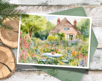 English Garden Stationery Set of 4 Cards and Envelopes, Watercolor Floral Garden Set, Pretty Botanical Bistro Writing Card Set, Gift For Her