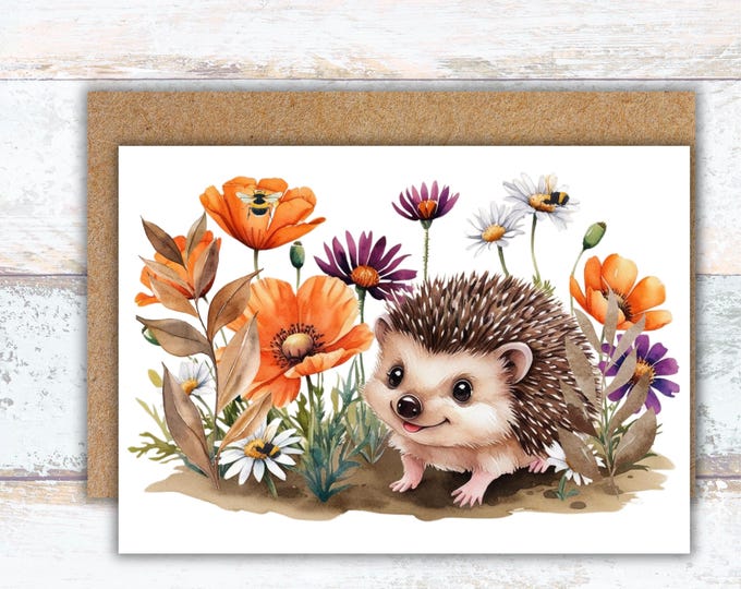 Set of 4 Rustic Boho Hedgehog Watercolor Greeting Cards, Fall Woodland Cards, Lover of Hedgehogs Stationery, Cute Stationery for Birthdays
