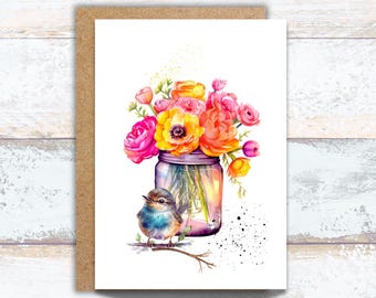 Pink Floral Vase and Bird Greeting Card, Watercolor Pink Flowers Writing Cards, Ranunculus Flowers Note Cards, Farmhouse Bouquet Stationery