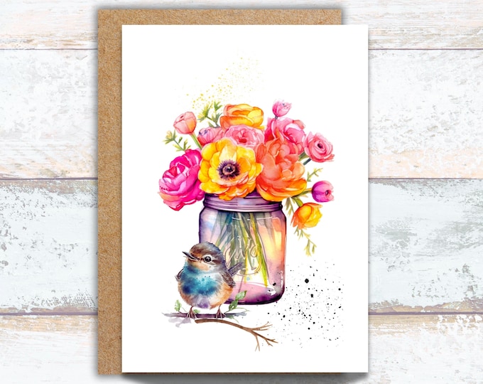 Pink Floral Vase and Bird Greeting Card, Watercolor Pink Flowers Writing Cards, Ranunculus Flowers Note Cards, Farmhouse Bouquet Stationery
