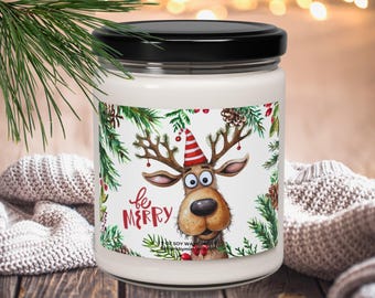 Christmas Be Merry Scented Candle, Watercolor Rudolph Christmas Soy Candle, Cute Holiday Reindeer Home Decor, Funny Housewarming Candle Gift