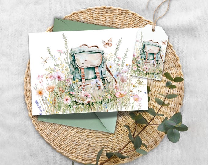 Wildflower Backpack Watercolor Greeting Card, Lover of Hiking and Camping Writing Cards, Hiking Girl Botanical Backpack, Nature Lover Cards