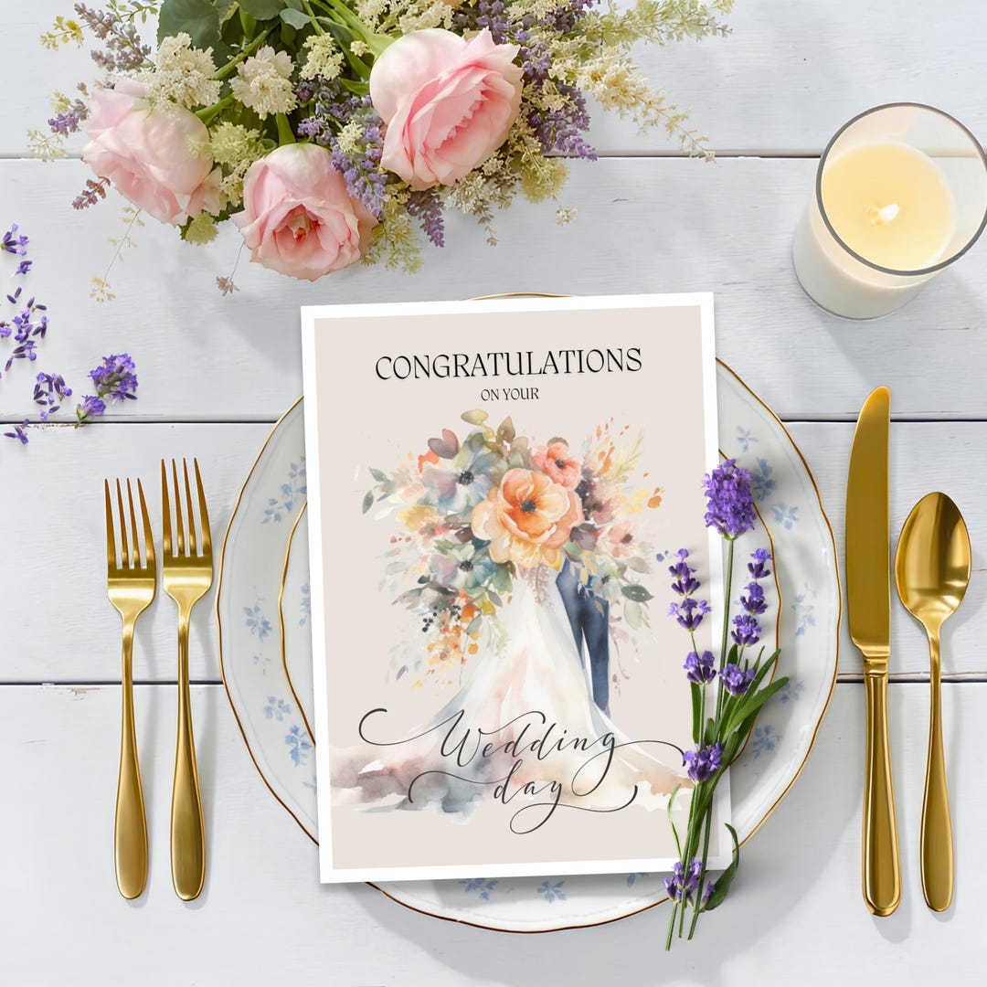 Watercolor Wedding Day Card: Bride & Groom Floral Bouquet - Etsy