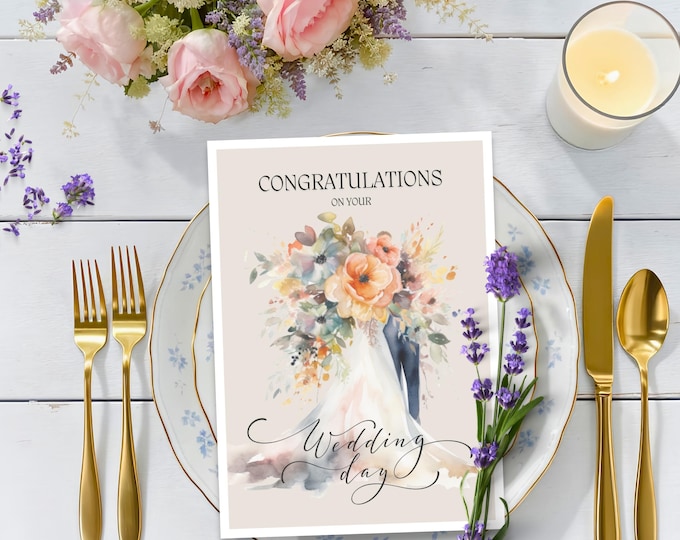 Watercolor Wedding Day Card: Bride & Groom Floral Bouquet