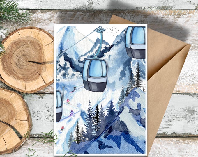 Skiing in the Mountains Watercolor Greeting Card, Ski Lift in Winter Mountains Writing Card, Lover of Winter Skiing Stationery, Slope Skiing