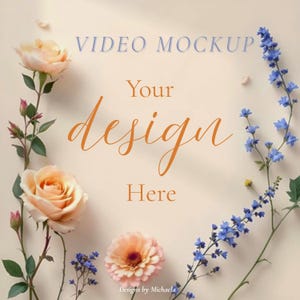 Vídeo de mockup floral flatlay, cena plana floral animada em pêssego e azul para etiquetas, cartões, impressões, exibição digital de produtos para Etsy e redes sociais