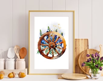 Wagon Wheel Wall Art, Floral Wagon Wheel Print, Farmhouse Wagon Wheel Art, Texas Bluebonnet Wall Art, Blue Floral Wagon Wheel, Southwest Art