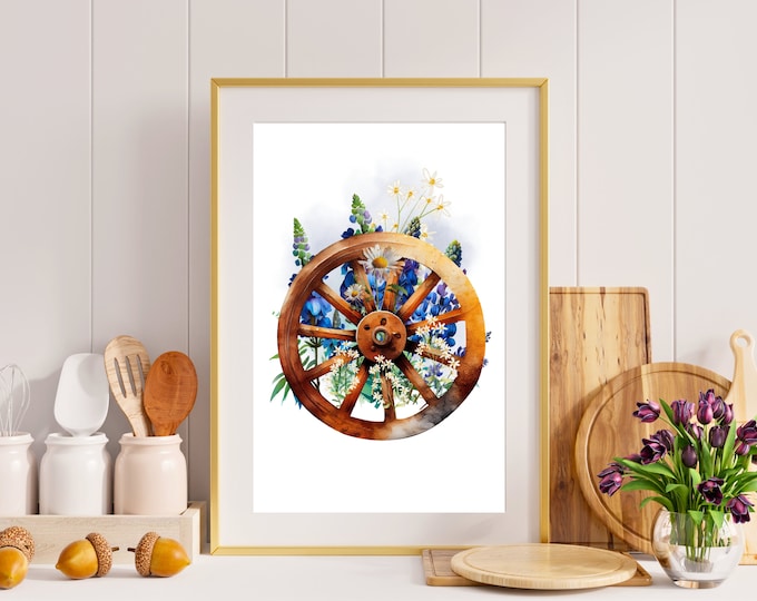 Wagon Wheel Wall Art, Floral Wagon Wheel Print, Farmhouse Wagon Wheel Art, Texas Bluebonnet Wall Art, Blue Floral Wagon Wheel, Southwest Art