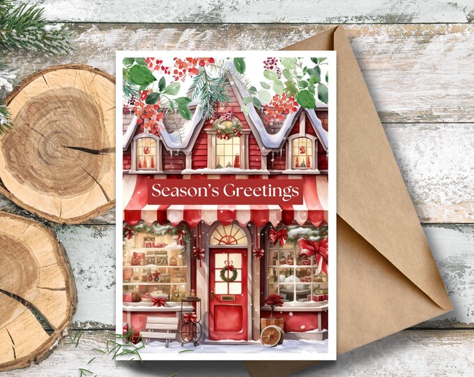 Holiday Storefront Christmas Card, Season’s Greetings Red Shop Window Card, Festive Watercolor Design, Vintage Christmas Cozy Storefront