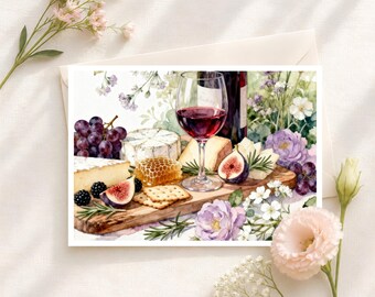 Romantic Charcuterie Board Greeting Card: Watercolor Wine, Cheese & Garden Floral Art