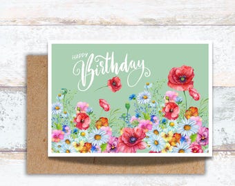 Wildflower Watercolor Birthday Card for Her, Pretty Colorful Floral Stationery, Lover of Flowers Birthday Greeting Card, Farmhouse Flowers