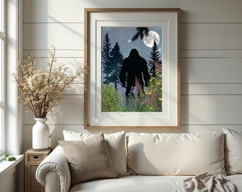 Bigfoot Art Print: Sasquatch Silhouette, Moonlit Forest Wall Decor