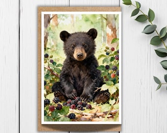 Black Bear Blackberry Card: Woodland Birthday, Nature Greeting Card, Cottagecore Forest Animal Art